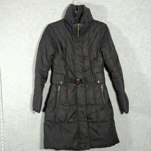 Down Belted Smocked Puffer Long Coat Jacket Black Gold S Express High Neck Retro